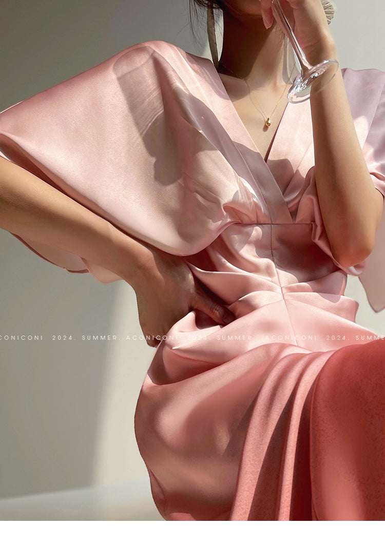 Aconiconi Elegant Peach V-Neck Batwing Sleeve Long Wedding Guest Dress GOOD GIRL REBEL Aconiconi Elegant Peach V-Neck Batwing Sleeve Long Wedding Guest Dress GOOD GIRL REBEL