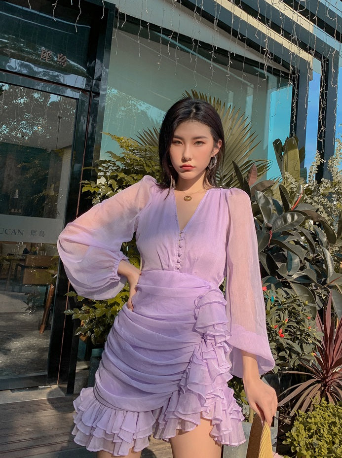 D0LLY Luxury French Style V-Neck Long Puff Sleeve Chiffon Pleated Ruffle Dress-VERA