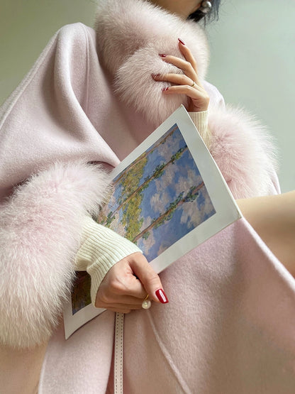 Aconiconi Winter pink wool cape fox fur sleeve double-sided coat-Sakura