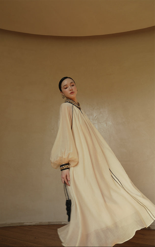 LE VENT&TES AILES retro Ice Crystal Premium Silhouette Tencel  Heavy Work Beaded Dress-YUTA