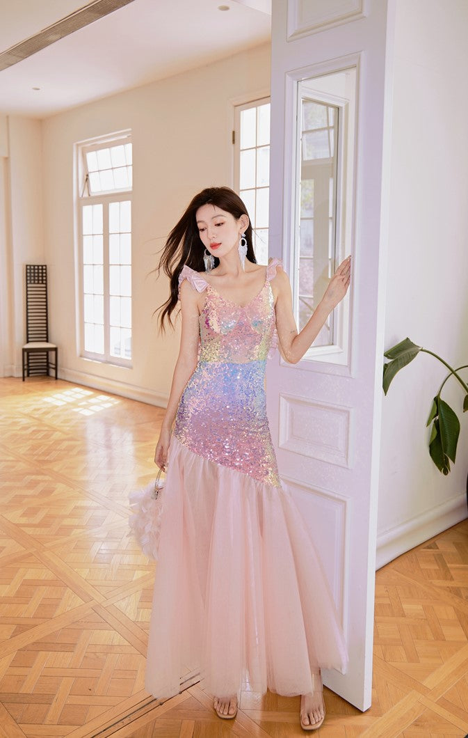 DOLLY Luxury Gradient Deep V-Neck Sleeveless Sequin Long Backless Party Dress-IVETTE