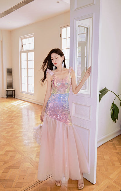 DOLLY Luxury Gradient Deep V-Neck Sleeveless Sequin Long Backless Party Dress-IVETTE