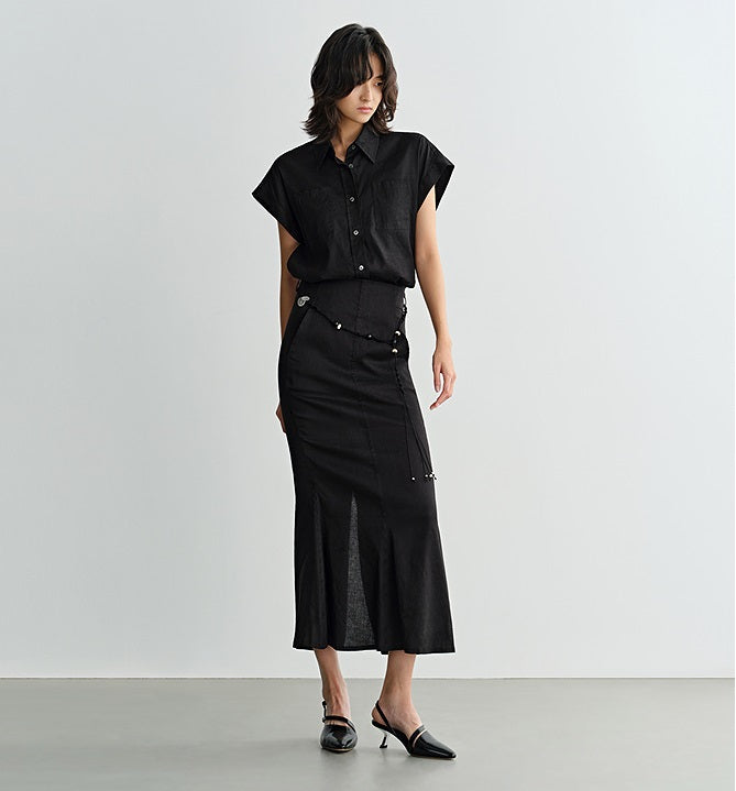 COMME MOI Summer Casual Black Small Cap Sleeve Straight Shirt - SALEM.