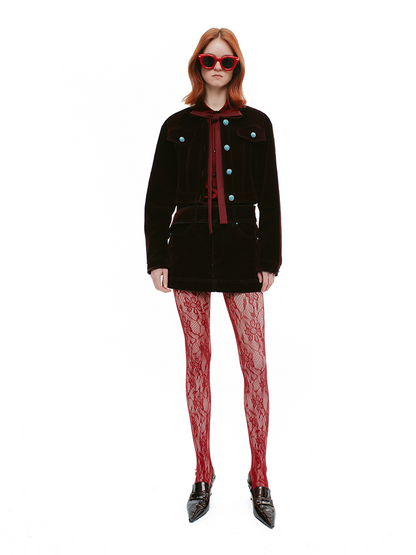 YES BY YESIR Velvet Denim Short Jacket and Skirt Set - WEST.