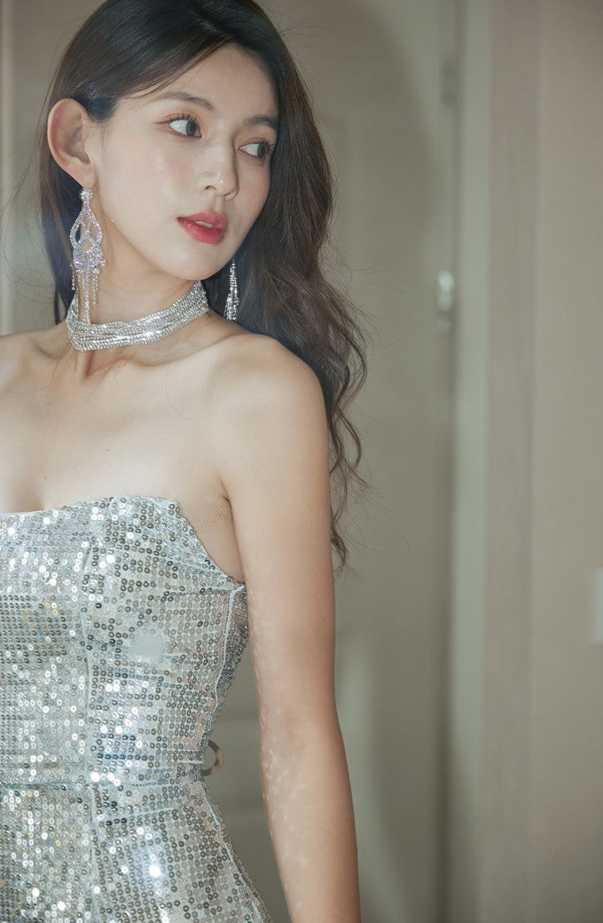 DOLLY Luxury Sleeveless Sequin Tube Top High Waist Feather Fish Tail Midi Cocktail Dress-BROOKE