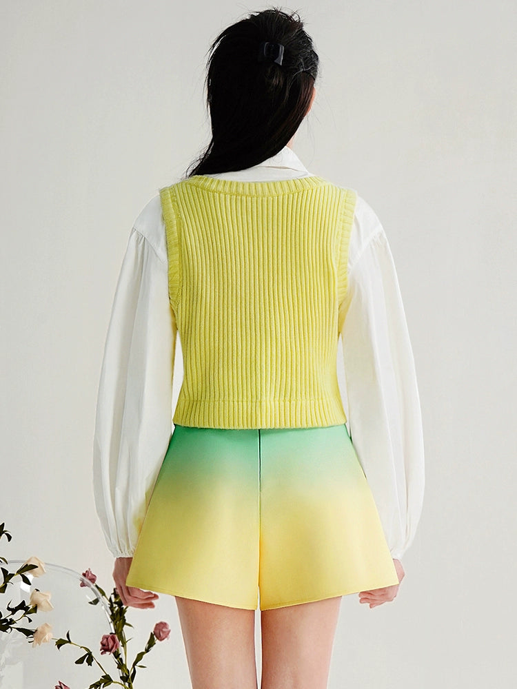 CHECOCRE Balloon Sleeve Shirt With Diamond Vest Gradient Shorts Suit - DESPERADO