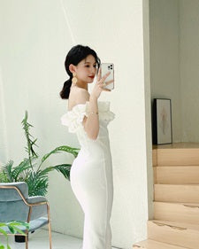 DOLLY High End Retro Style Pleated Off Shoulder Slim Fit Dinner Dress-JOLA