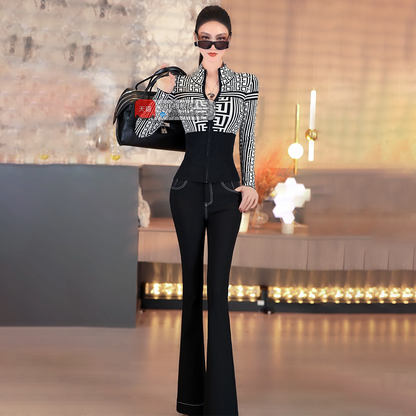 VJE Black and White Pattern Jacquard Turtleneck Top Sweater-LISDAY.