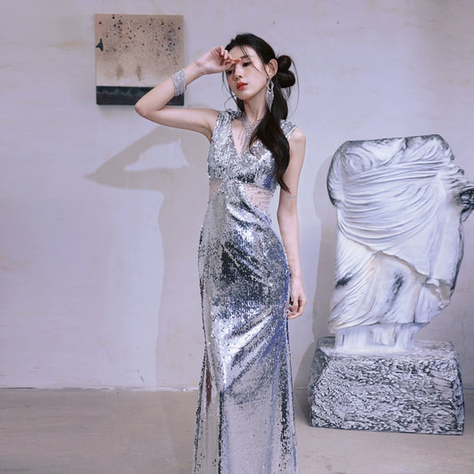 DOLLY Elegant Sliver V-Neck Sleeveless Slim Fit Long Party Dress-ZERA