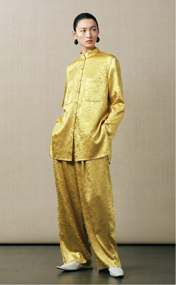 ZHUCHONGYUN loose tapered gold wrinkled satin trousers and top set--RIRI
