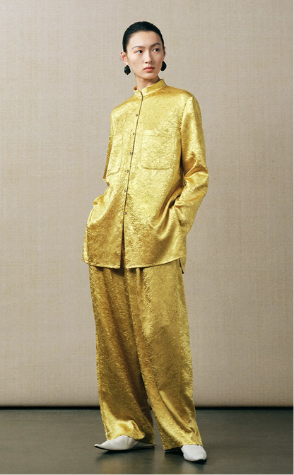 ZHUCHONGYUN loose tapered gold wrinkled satin trousers and top set--RIRI
