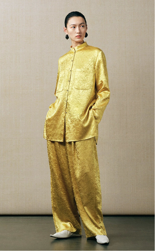 ZHUCHONGYUN loose tapered gold wrinkled satin trousers and top set--RIRI