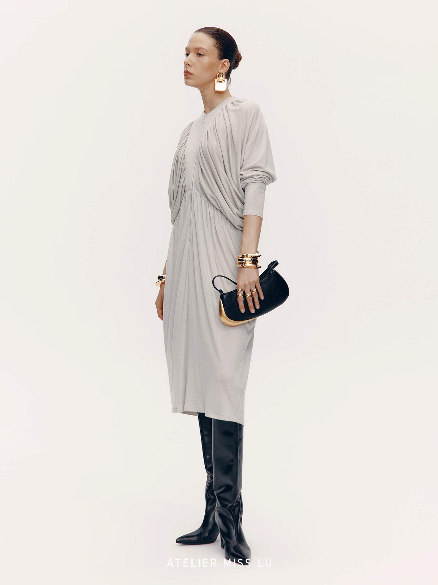 ATELIER MISS LU New Vertical Draped Design Long Sleeve Dress - DERM.