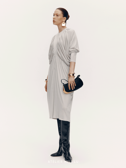 ATELIER MISS LU New Vertical Draped Design Long Sleeve Dress - DERM.