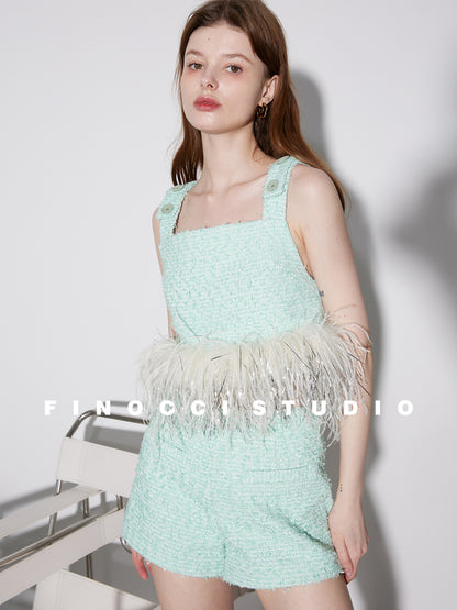 high-end autumn imported tweed silver silk ostrich bird feathers  cropped top + shorts set