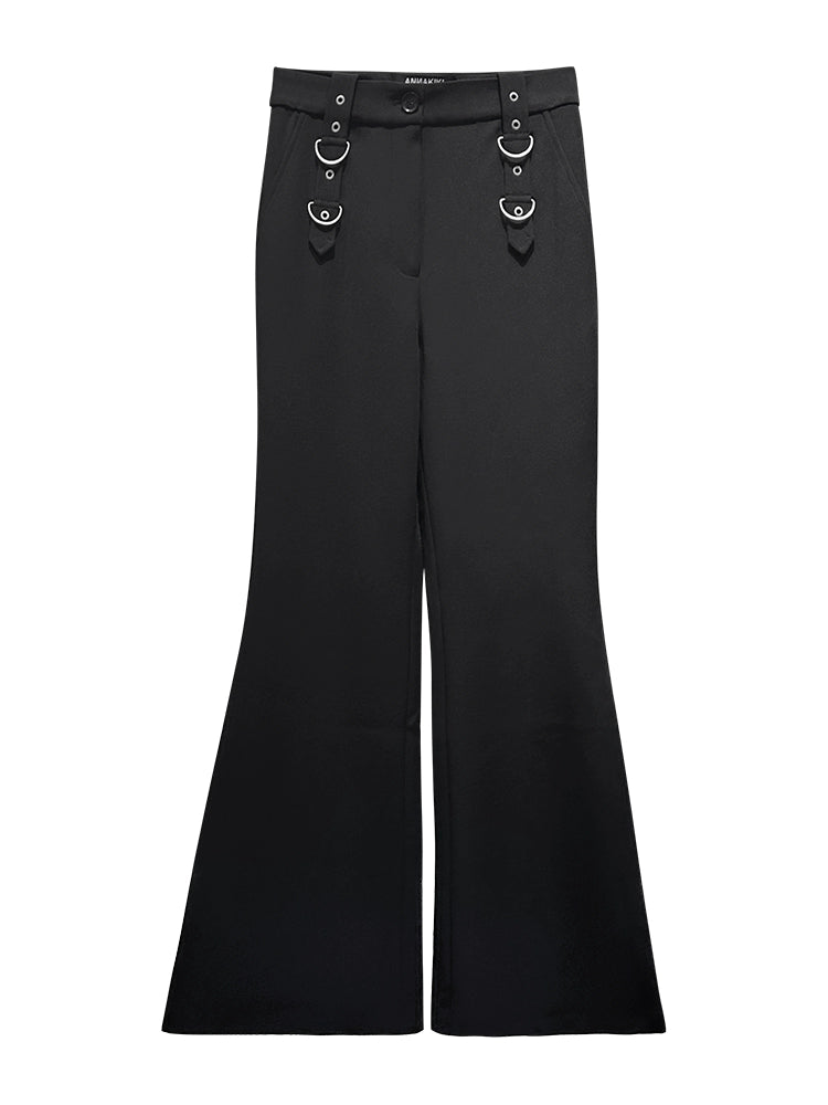 ANNAKIKI Designer Black Buckle Slim Fit Wide-Leg Casual Boot Pants-SAKATA
