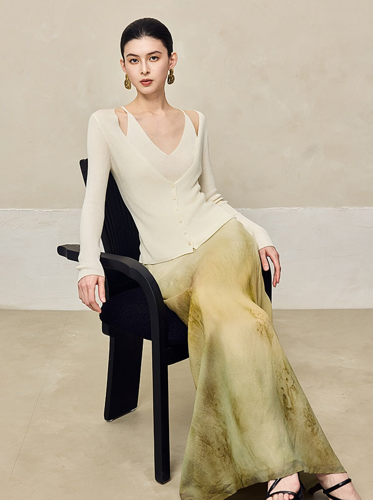 HECO Blended Chiffon Drape A-line High waist Yellow Green Thin Skirt Women - DEPTH.