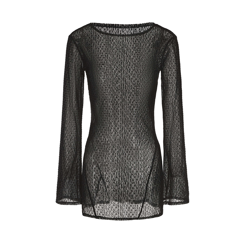 ATELIER MISS LU Logo Flocking Design Sheer Long-sleeved Top - RESULT