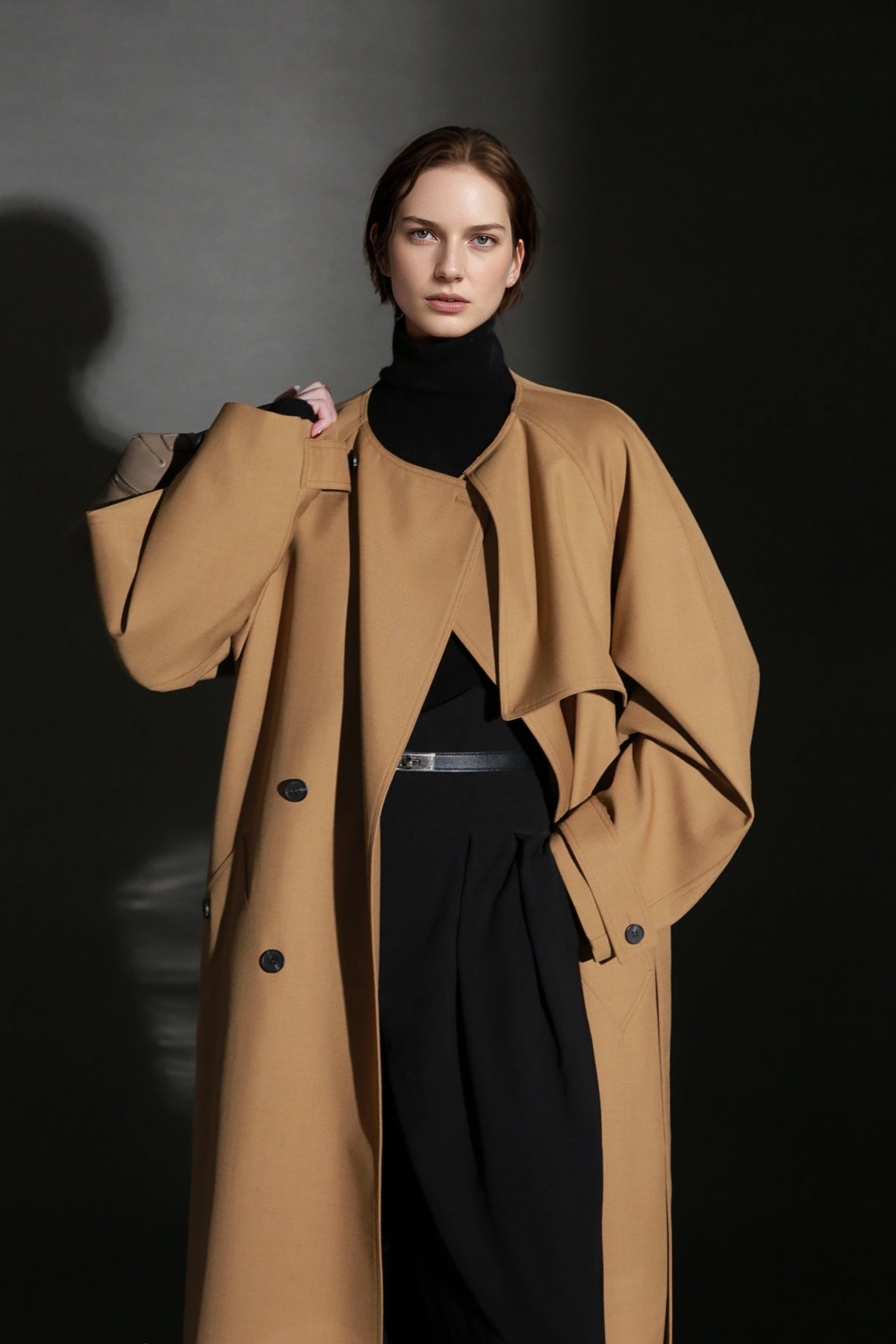 PIAOIN high-end wool relaxed round neck design old money windbreaker jacket -GINA