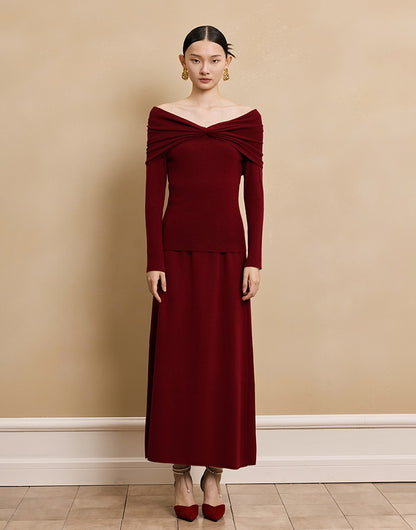 HECO  long-sleeved black red knitwear off-the-shoulder spring - DREAM.