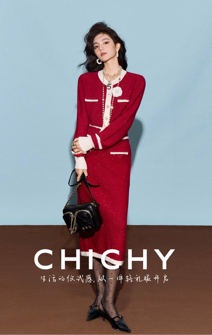 CHICHY classic red knitted cardigan half-length skirt two-piece set-BEN