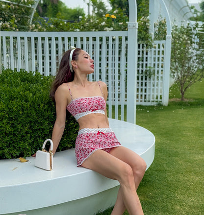 Le Palais Vintage Retro Spice Girl Red Floral Short Low-waisted Skirt-DJO.