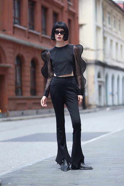 ANNAKIKI Niche Designer Black Star-Shaped Bootcut  Casual Pants-HINATA