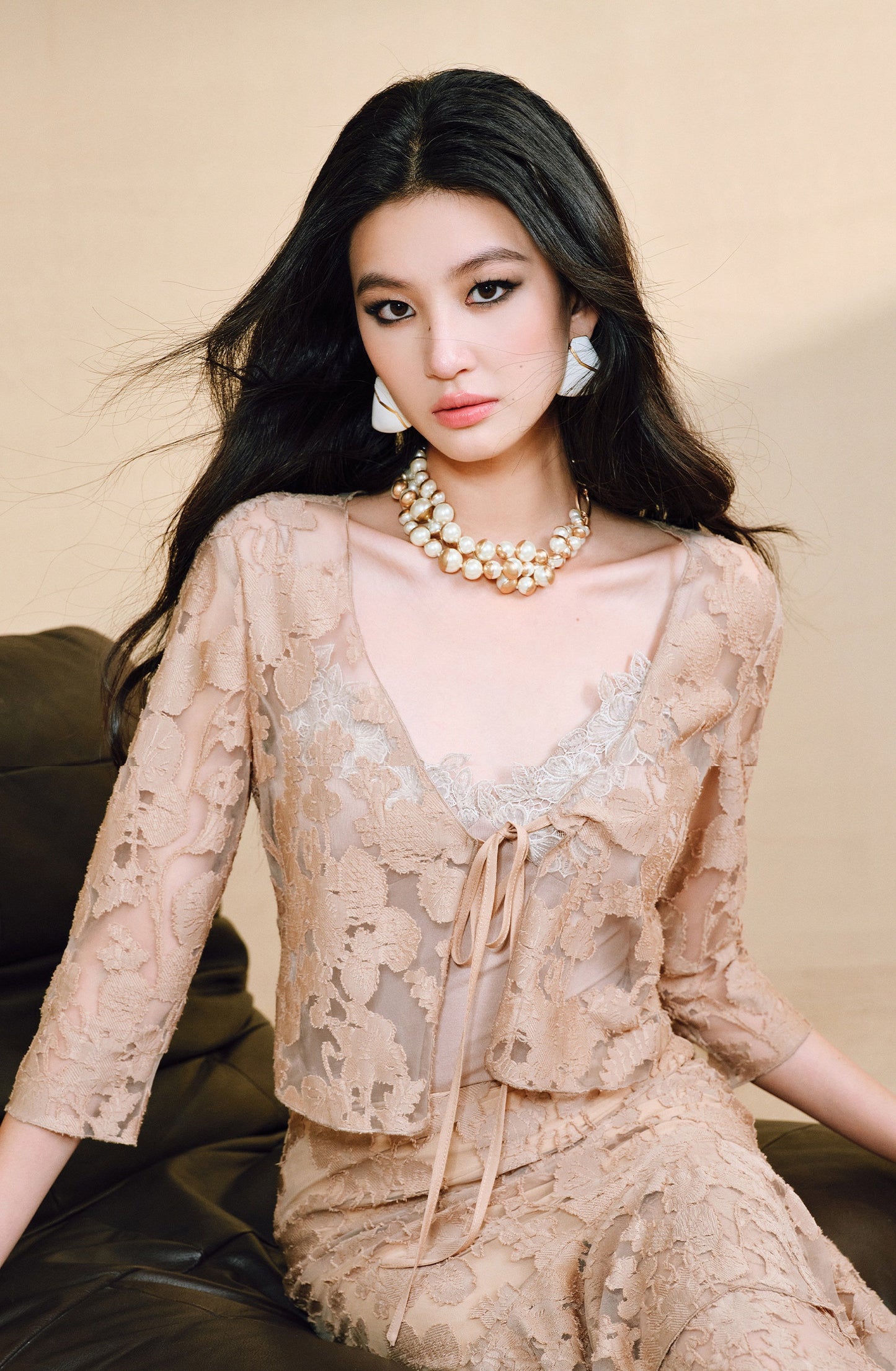 WANGXO | Lace-Up Cardigan & Irregular Double Fishtail Hip Skirt Set -KAIA