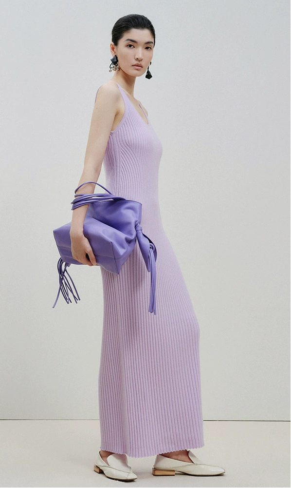 ZHUCHONGYUN Purple Ribbed Sleeveless Straight Sheep Wool Knit Maxi Dress-IVIS.