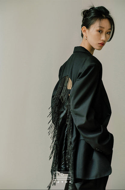 TUYUE Black Open Back Nail Bead Tassel Suit - ASHA.