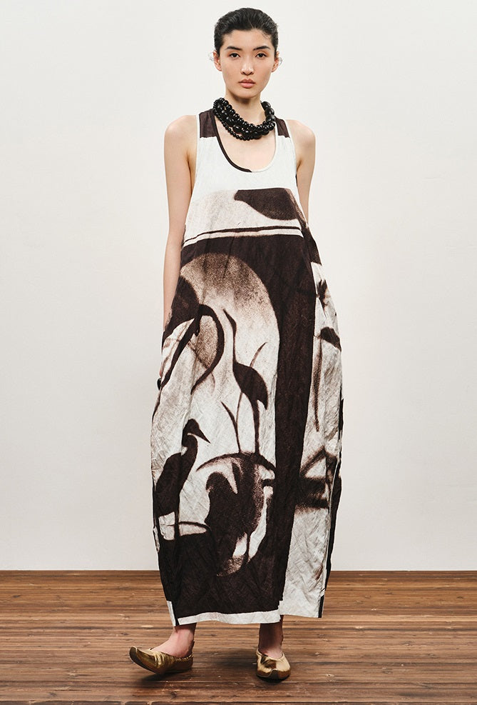 ZHUCHONGYUN flower manuscript sleeveless oriental cocoon dress-STORK.