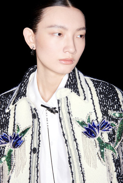 M essential Mackay designer wool stripe workshop embroidered coat - step.