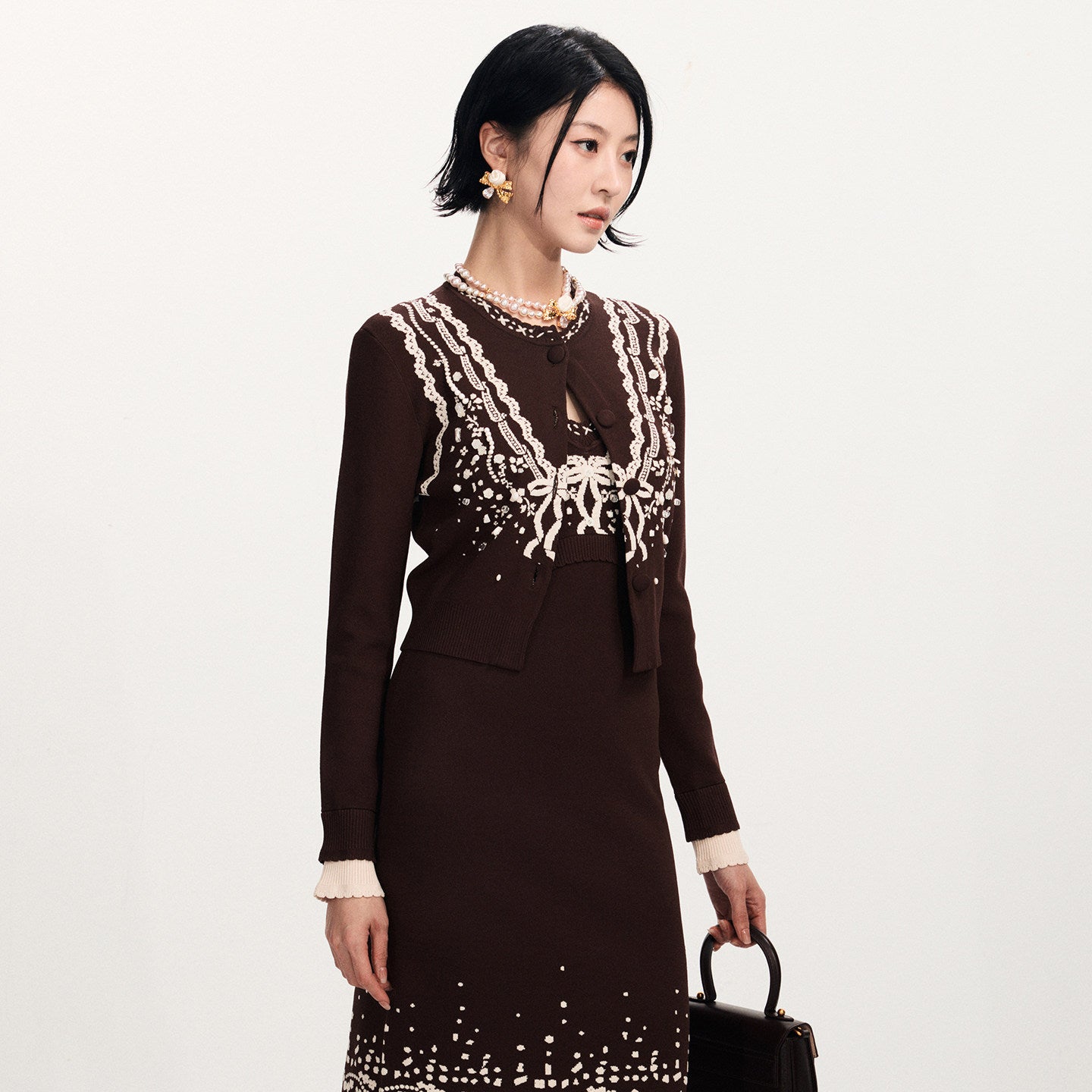 FAME  Nail Bead White Three-Dimensional Jacquard Knitted Brown Cardigan - BETTY.