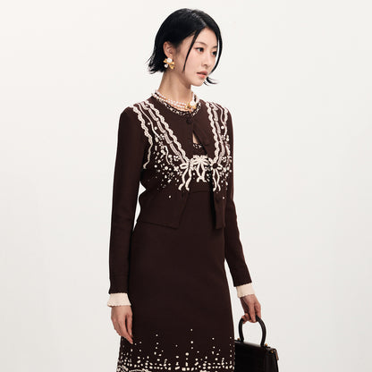 FAME  Nail Bead White Three-Dimensional Jacquard Knitted Brown Cardigan - BETTY.
