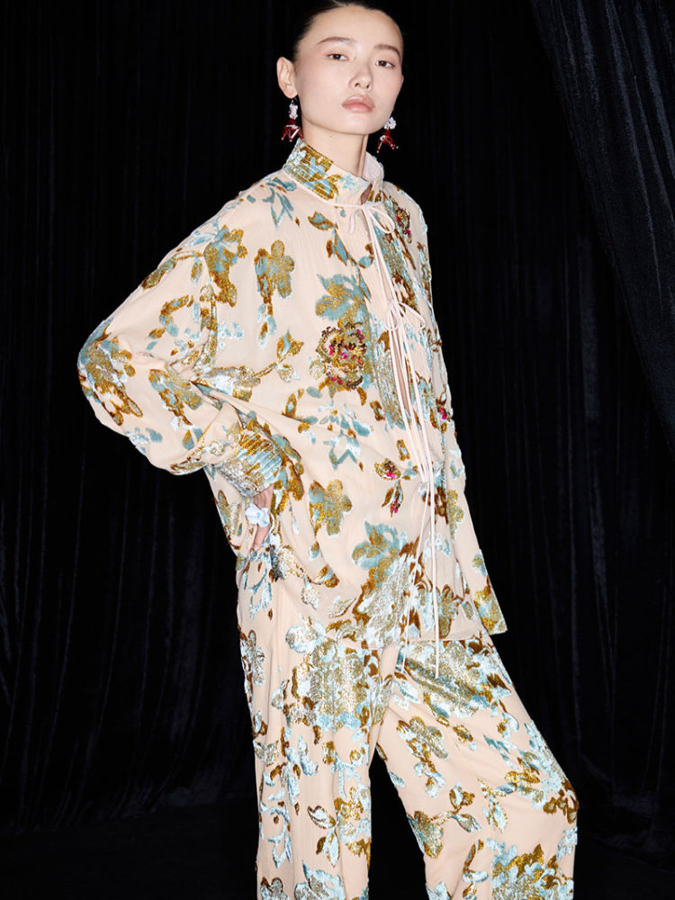 M essential Mackay designer brand Qili burnt flower velvet beads loose top - WORD.