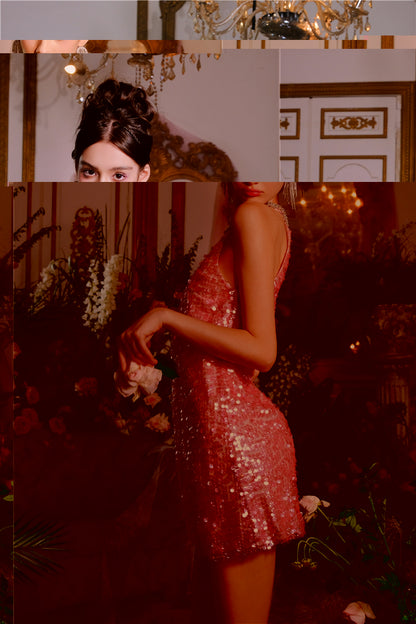 Wardrobes by Chen Luxury Sleeveless halter Sequin Short cocktail Dress- Limmi