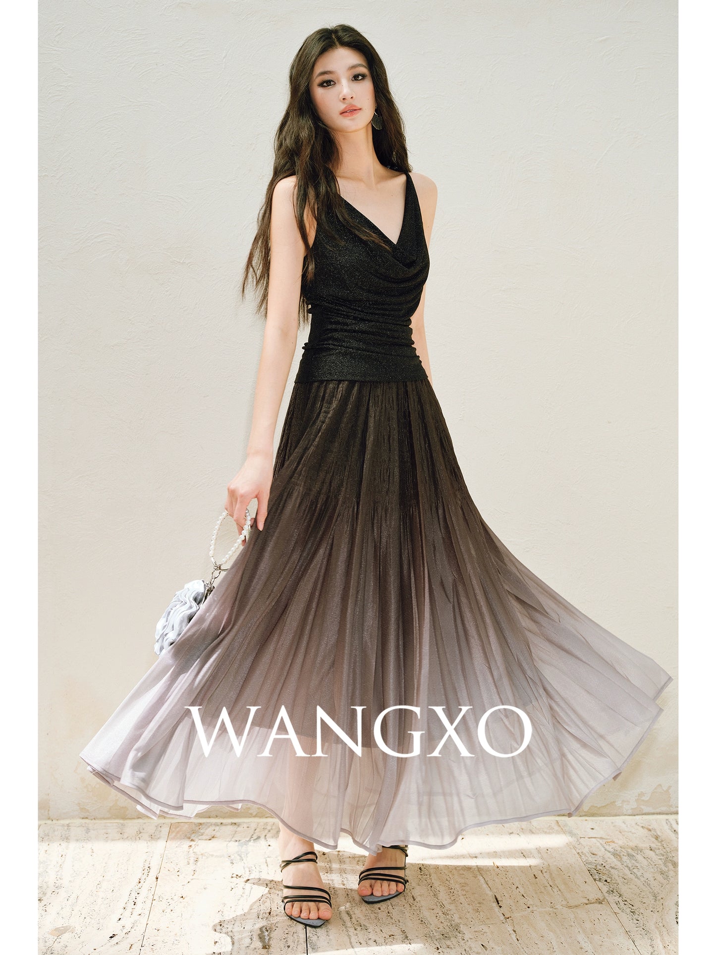 WANGXO |High-Waisted Umbrella Hem Romantic Skirt with Luxe Shimmer-LINA