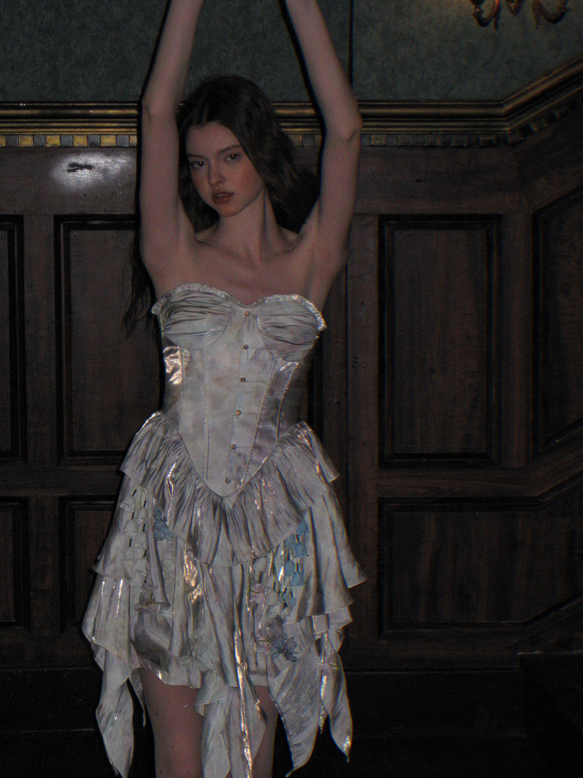 UNOSA fairy mermaid queen micro glitter bandeau herringbone dress - shell halo