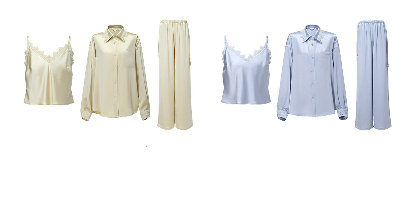 WANGXO | Hemp-Textured Acetate Satin  ight Luxury Lace Suspender, Shirt & Trousers Three-Piece Set- SARI