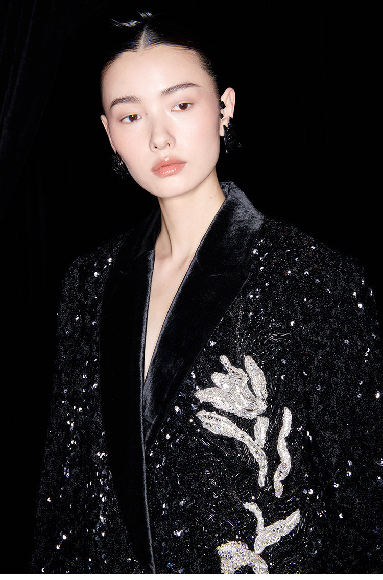 M essential Mackay designer orchid embroidery sequins jacket pencil slit skirt suit - tev.