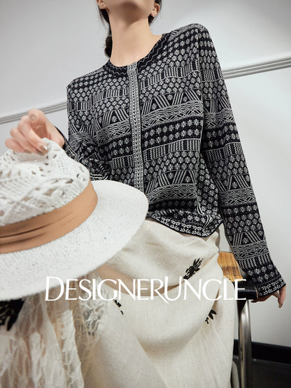 DGU| Black sweater geometric jacquard niche design jacket knitted top - JUGALAR.
