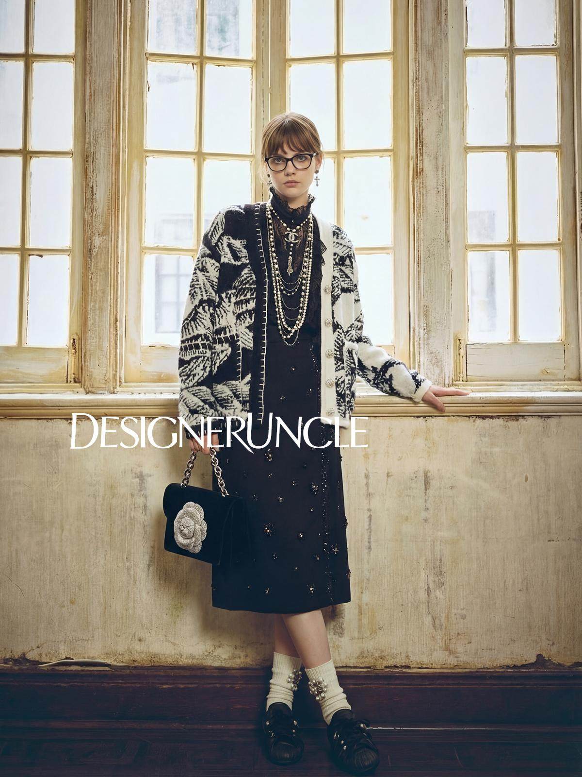 DGU×LAB\ Black Knitted Loose Jacquard V-Neck Stitched Lazy Knitted Jacket - BORD'