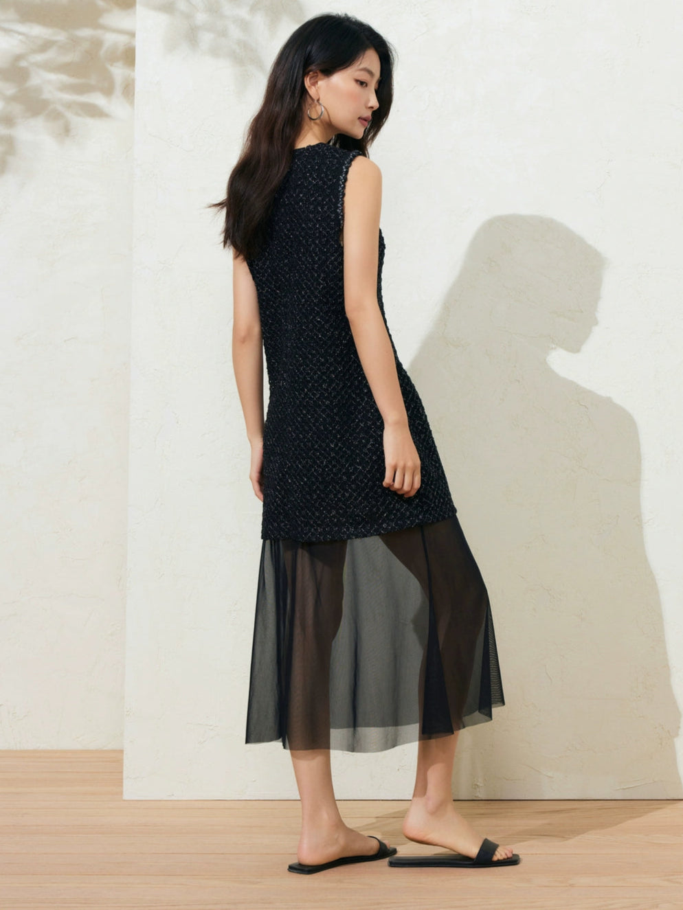 Sushe Dark Urban Party silver tweed mesh sleeveless dress-AVA