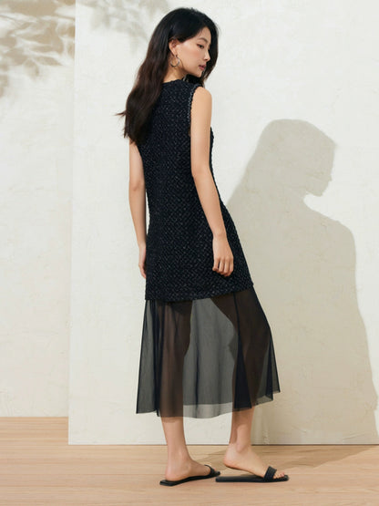 Sushe Dark Urban Party silver tweed mesh sleeveless dress-AVA