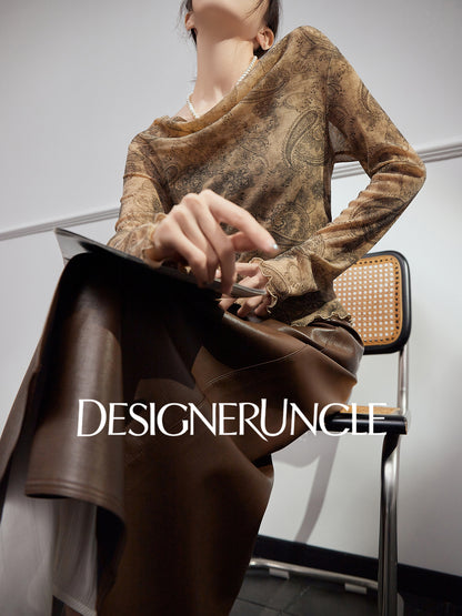 DGU "Gilded" khaki T-shirt autumn new retro print slim commuter slimming top - JACE.