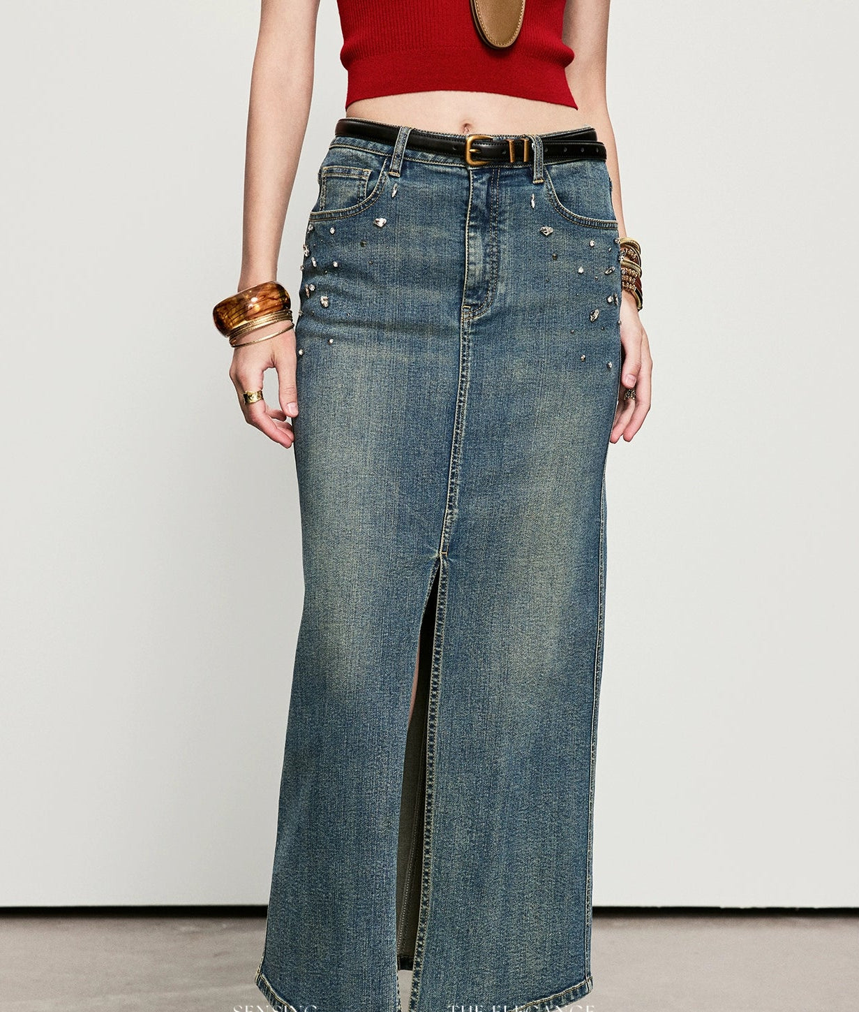 ANNASPEAK Denim long staple cotton slit skirt denim skirt-ISLE.