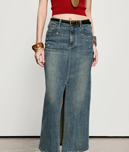 ANNASPEAK Denim long staple cotton slit skirt denim skirt-ISLE.