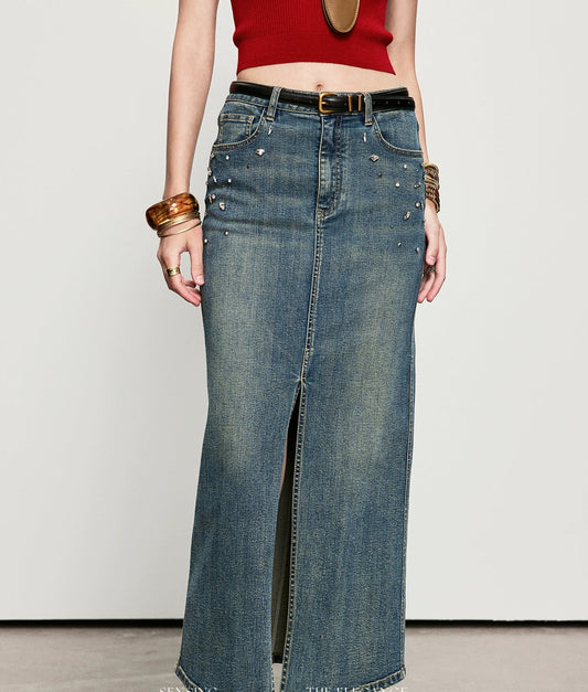 ANNASPEAK Denim long staple cotton slit skirt denim skirt-ISLE.