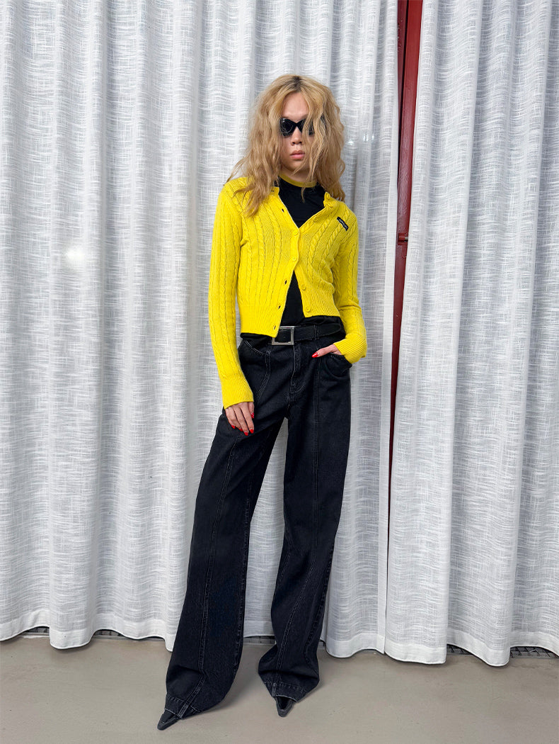 ANNAKIKI furry crew neck slim sheep knitted cardigan sweater-RIN