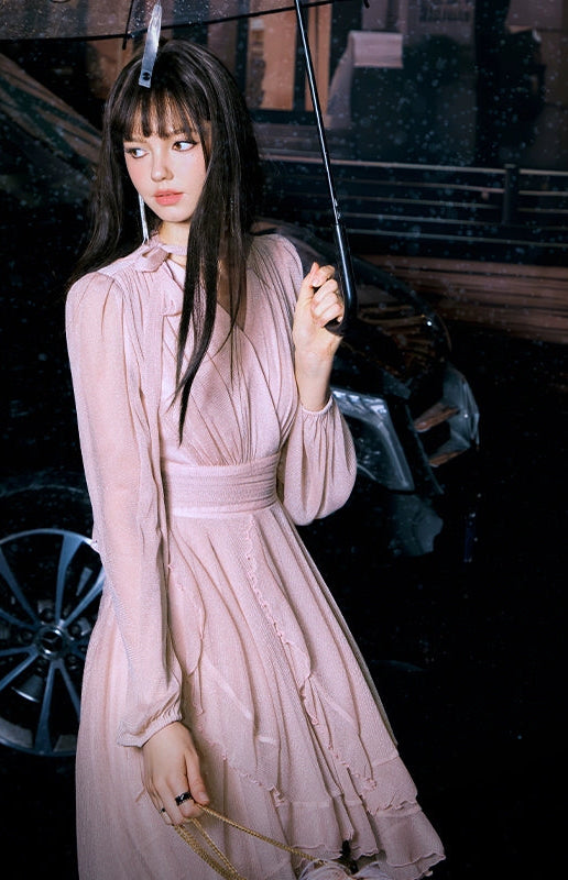 CHICHY French Gentle Long Sleeve V-Neck Pink Dress-KANA